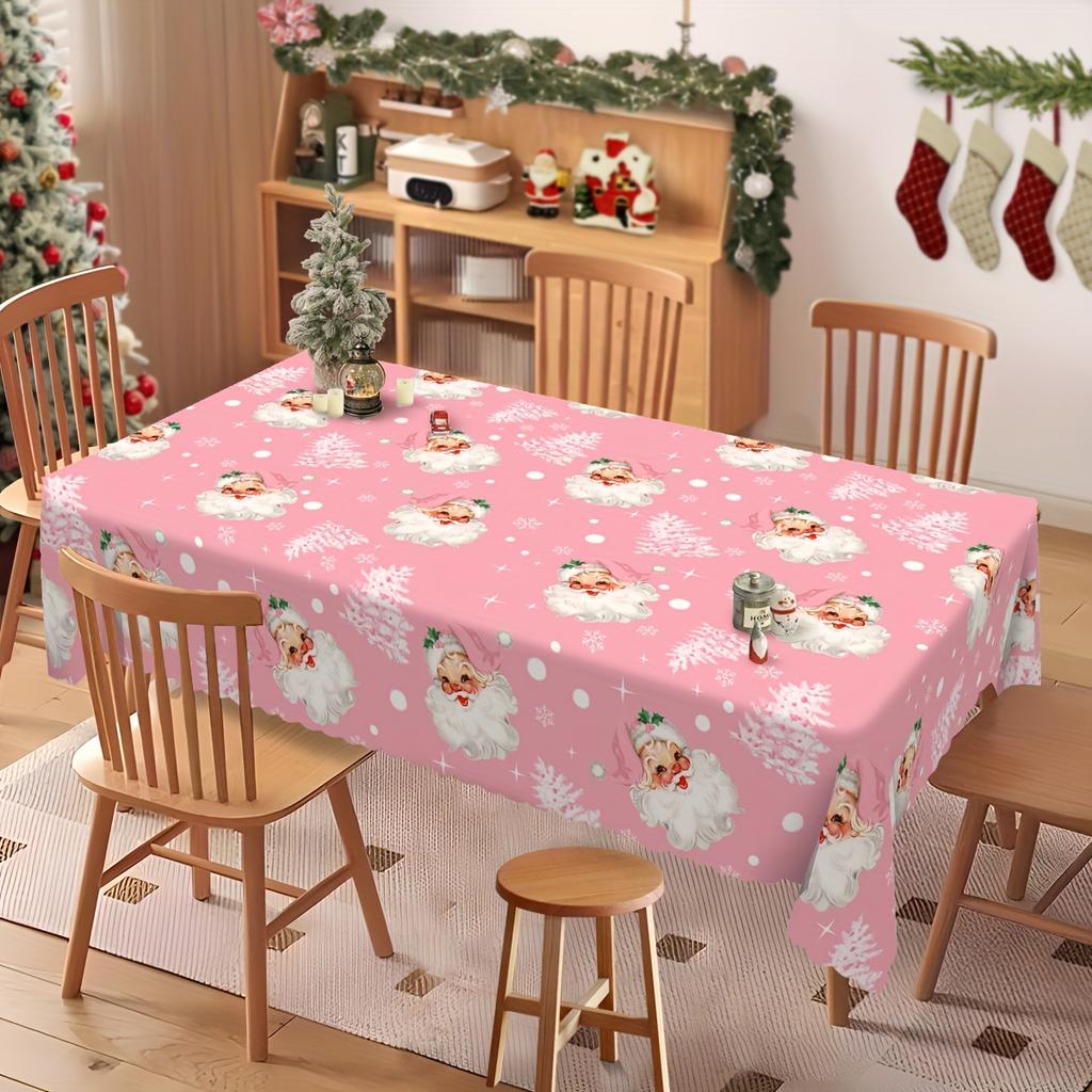 Christmas Snowflake Santa Claus Pink Waterproof Tablecloth Table Decor Xmas Tree Kitchen Dining Tablecloth Christmas Decorations