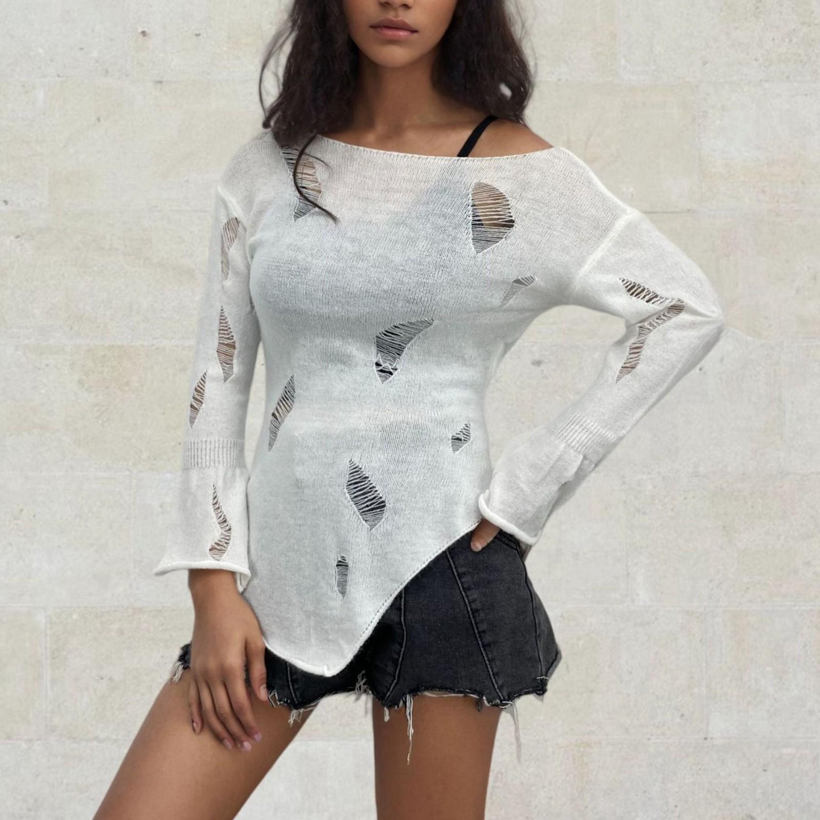 

Женская мода узкий свитер с рваным вырезом и асимметричным кроем S белый