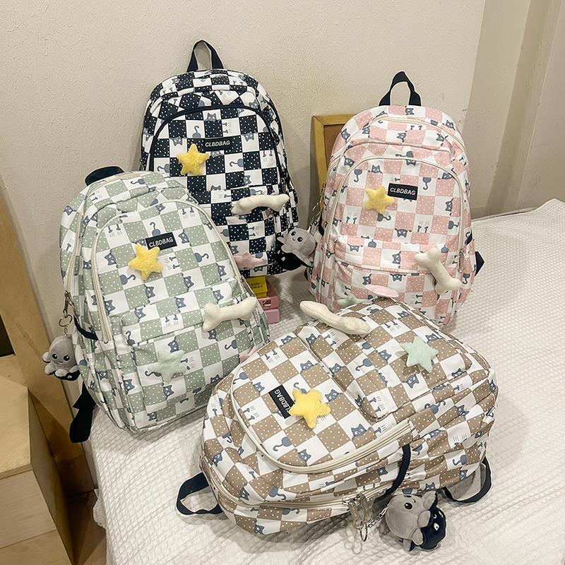Plaid Cat Print Nylon Schoolbag Large Capacity Backpack High School Student Backpack