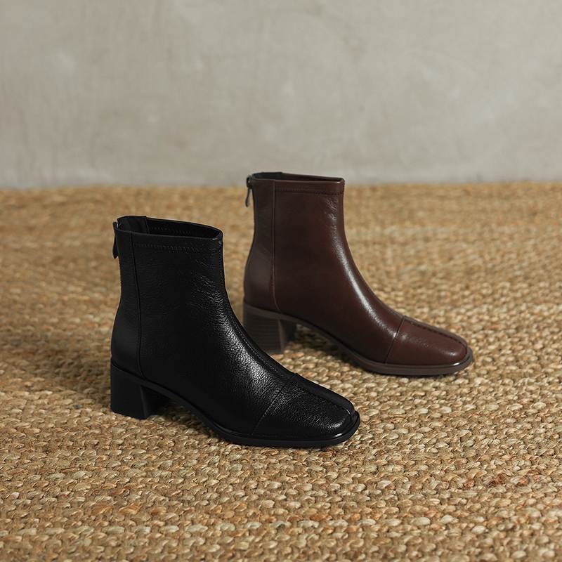 Krazing Pot Sheepskin Autumn Winter Shoes Thick Heels Size 42 Square Toe Zipper Vintage Ankle Boots