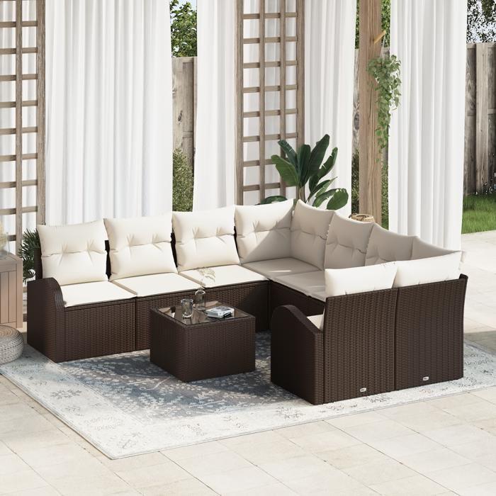 Ensemble de Canapés de Jardin 9 Pièces avec Coussins Marron Poly Rattan, Canapé de Jardin 2 Places avec Rangement 3354647