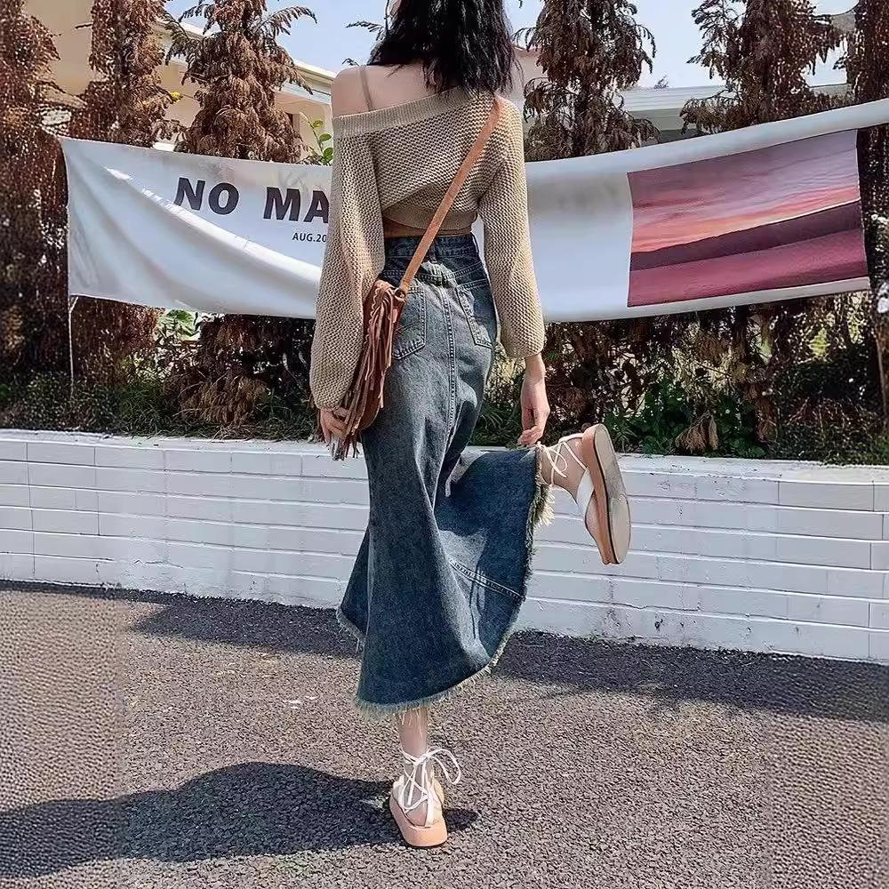 2024 Autumn Women's High Waist Retro Denim Fishtail Skirt