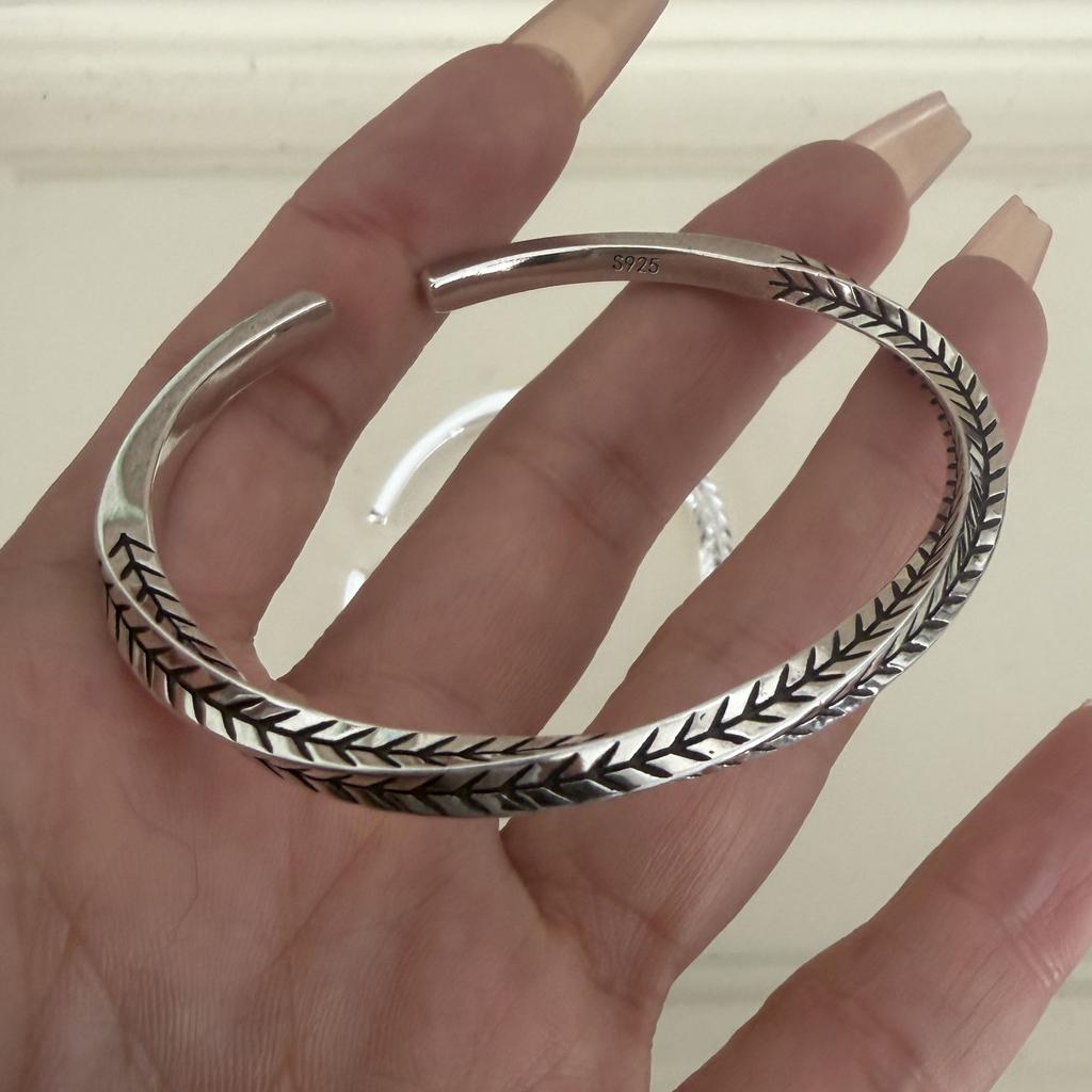 100% Solid 925 Sterling Silver Retro Bracelet for Women Men Vintage Handmade Narrow Leaf Pattern Simple Bracelet Birthday Gift