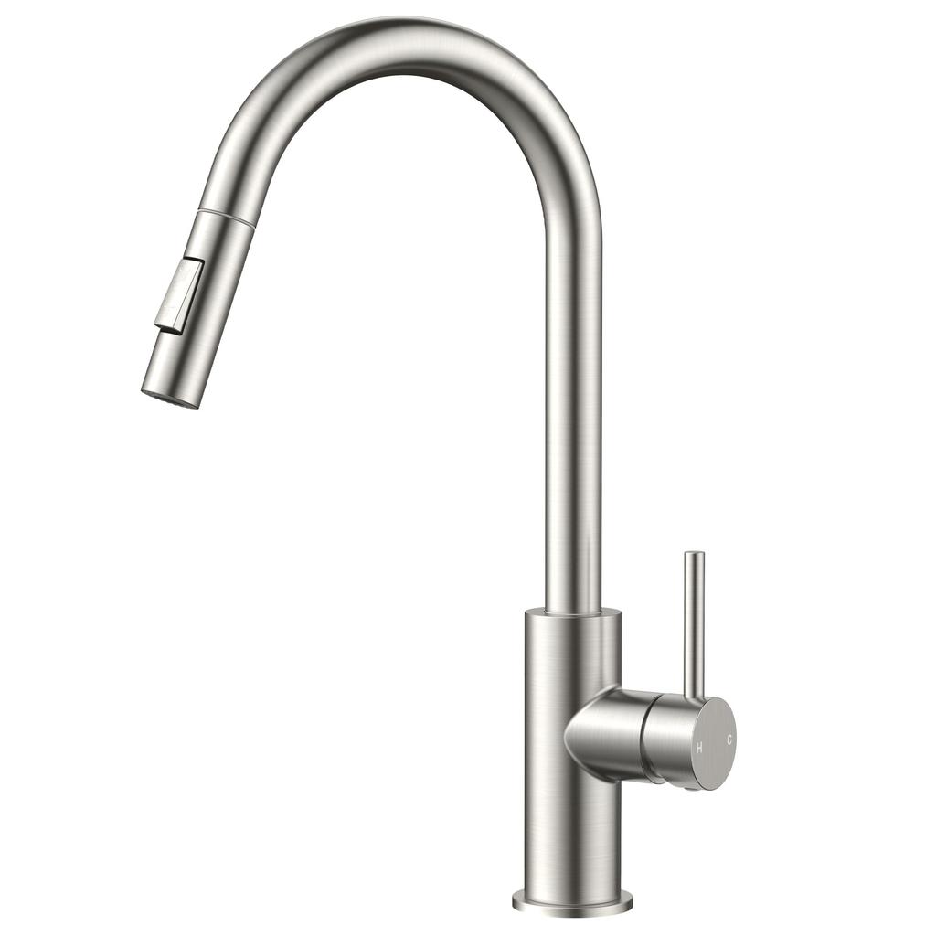 Brushed Nickel Kitchen Faucet with Pull Down Sprayer, Stainless Steel High Arc Gooseneck Modern Sink Faucet with Ceramic Cartridge, Single Handle