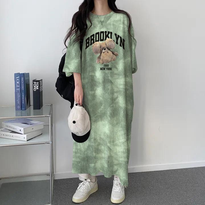

2024 Spring/Summer Women s Tie-Dye Round Neck Short Sleeve Mid-Length T-Shirt Dress L королівський синій колір