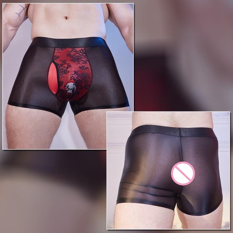 Men Sexy Boxer Panties Oil Shiny Glossy Underwear Lace Side Open Pouch Underpants Smooth Breathable Ultra-Thin Hip Lift Boxers