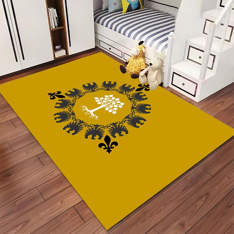 Tree and Crest Design on Gold Rug - Non-slip rug suitable for living room and bedroom sofas.