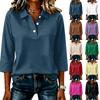 Women's Casual 3/4 Sleeve Patchwork Solid Color Polo Shirt Button Down Collar Lightweight Top