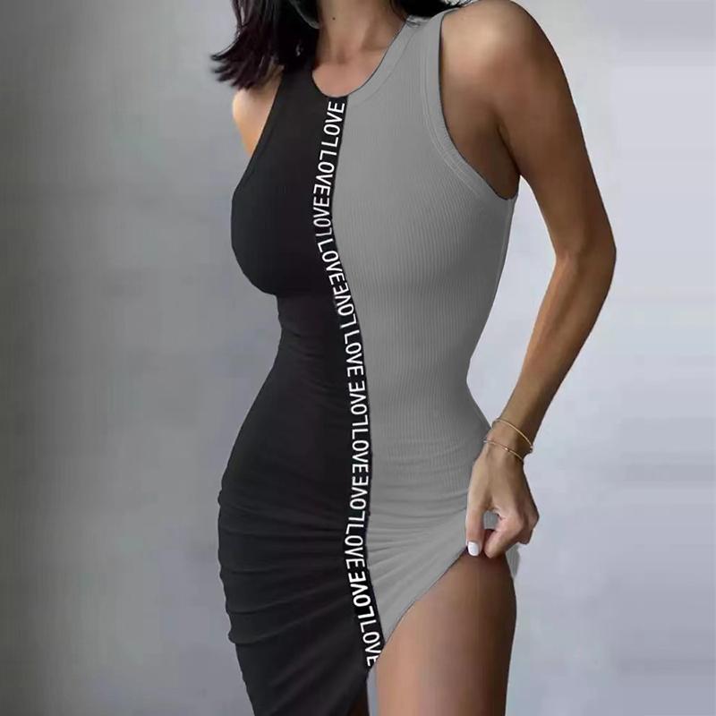 

Платье-майка с цветными блоками и буквенным принтом, женское летнее шикарное платье с круглым вырезом в рубчик, нерегулярные платья, платье без рукавов для вечеринок и клубов 3XL серый