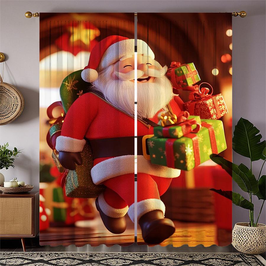 2PCS- Christmas Santa Claus Christmas tree pattern printed curtains   Christmas decorations   home decorations   room decorations