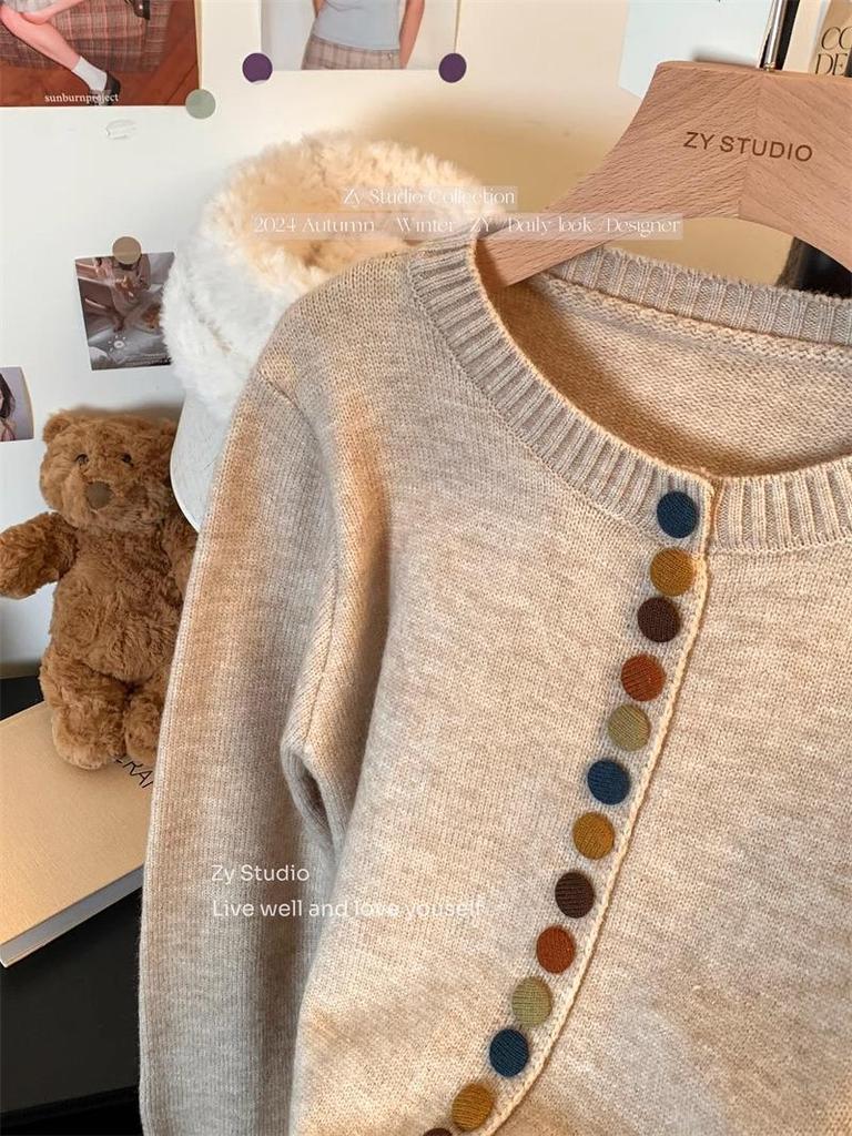 Women's Autumn 2024 Red Knitted Sweater Cardigan - Colorful Button, Crew Neck, Long Sleeve, Soft Angora Blend.