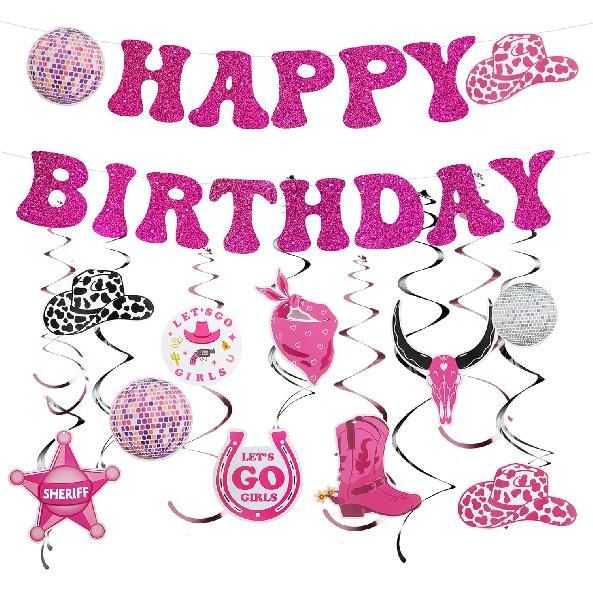 Western Cowgirl Party Hanging Decorations, Disco Birthday Party Decor Supplies - Hot Pink Happy Birthday Banner, Hanging Swirls for Bachelorette