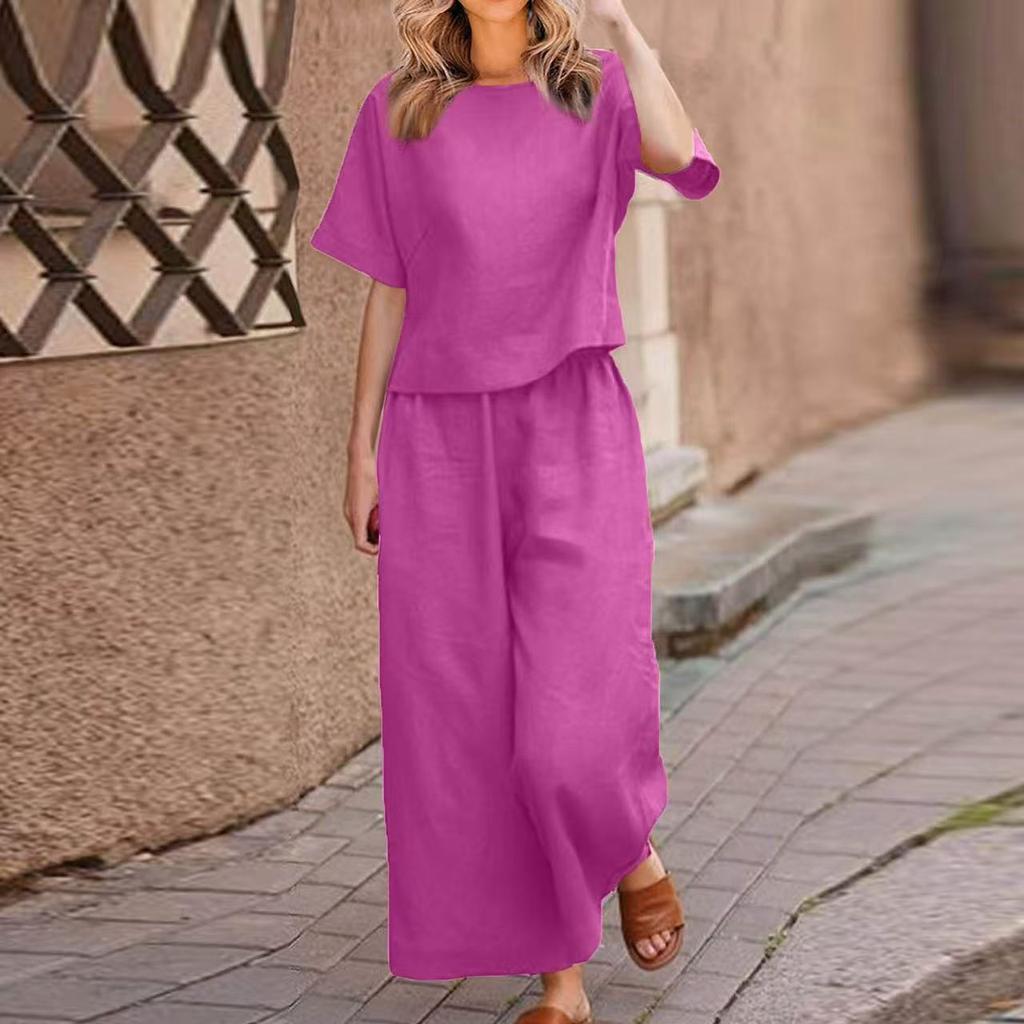 2026 New Loose Solid Color Short-sleeved Wide-leg Pants Set Women's Summer Casual Fashion Two-piece Set Cross-border Belly Cover