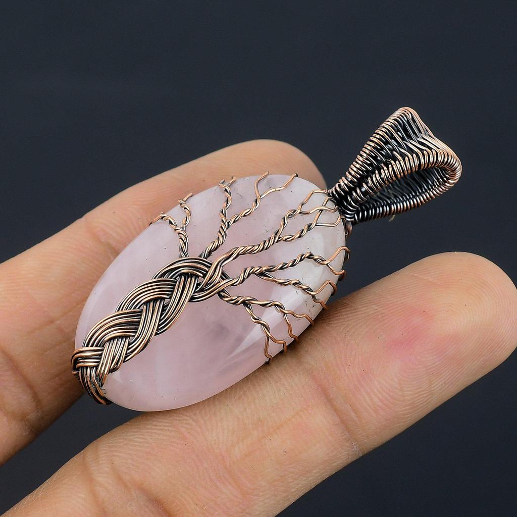 Rose Quartz Jewelry, 999 Copper Wire Wrapped Pendant Handmade Gemstone Jewelry, Gifts For Wife Brand New Pendant