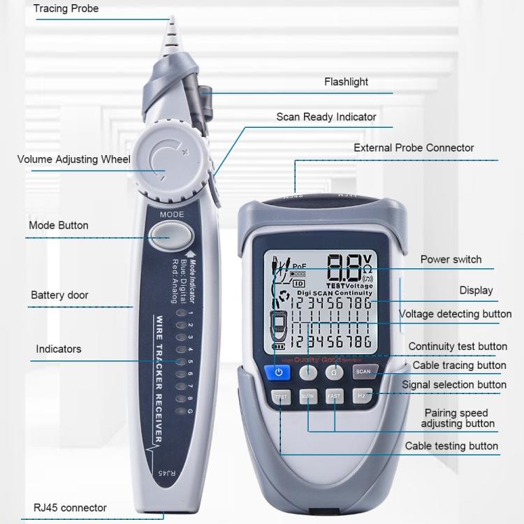 ET612 Network Cable Tester Wire Tracker Battery Voltage POE Test Multi-function Cable Tester