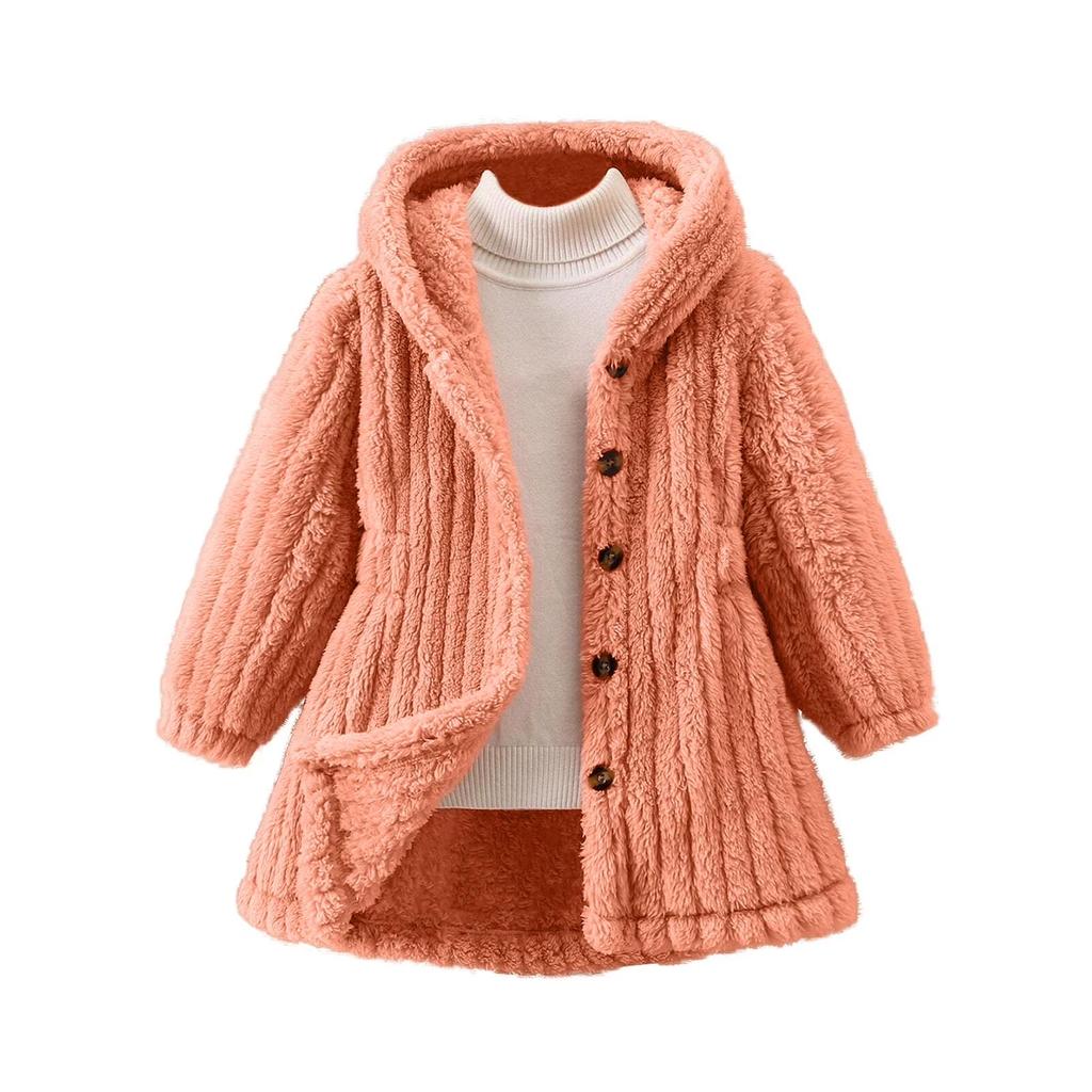 Girls' Fashionable Casual Solid Color Plush Warm Cardigan Long Sleeved Hooded Jacket
