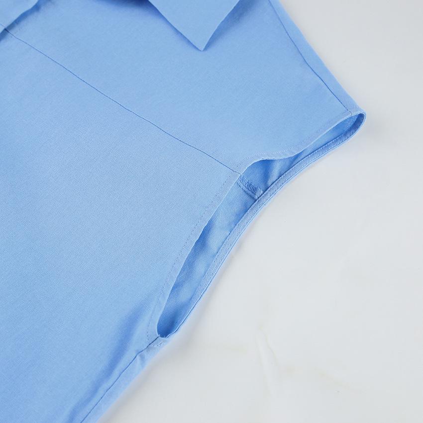 Elegant High Waist Sleeveless Cotton Linen Summer Dress with Turn-Down Collar