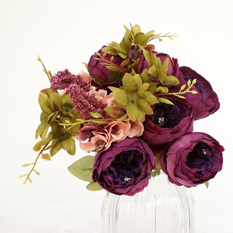 

Пион в европейском стиле, искусственный пион, 13-вилочный искусственный цветок, ручка, букет, свадебное украшение, украшение для дома, студийная съемка 48CM темно-фиолетового