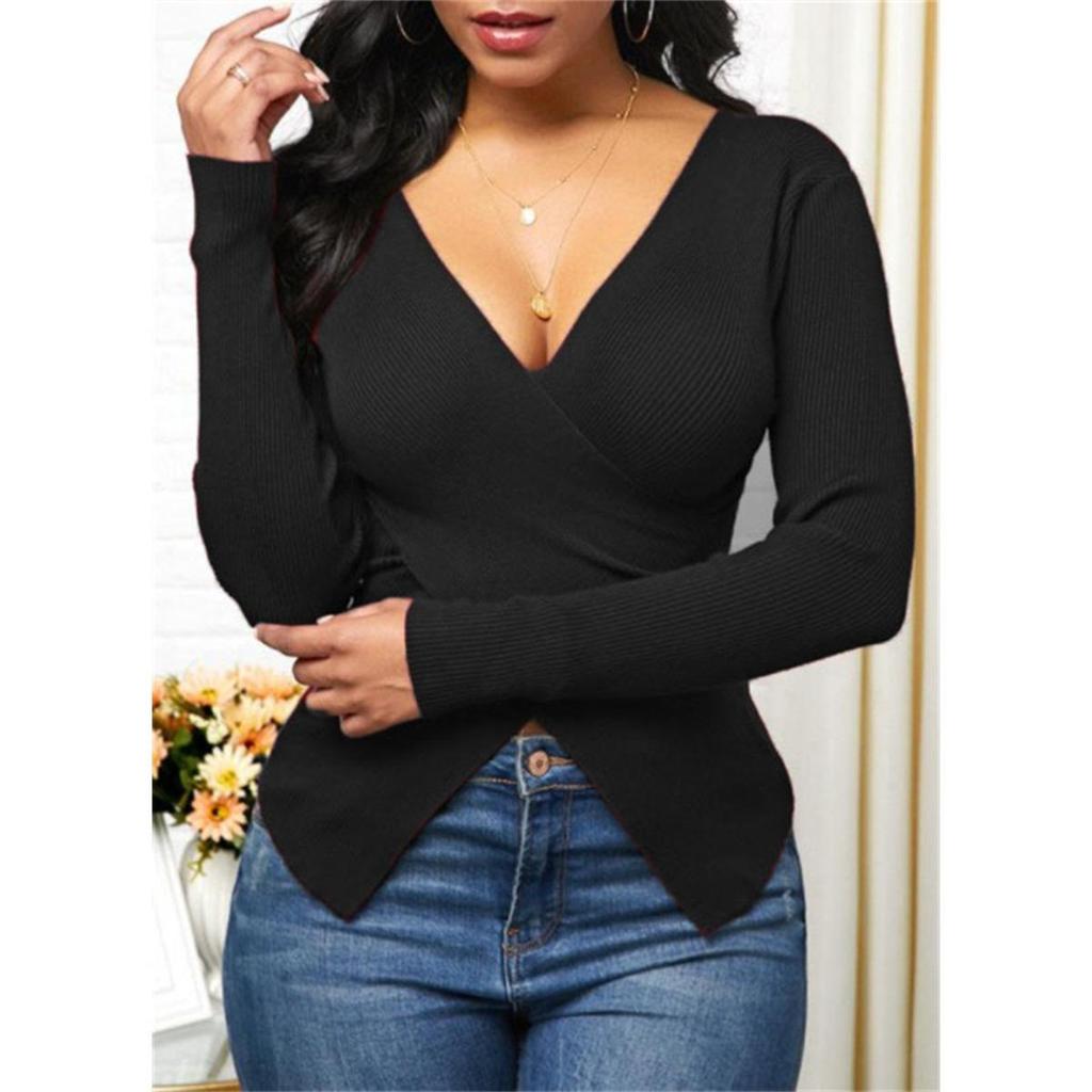 V-Neck Women's Ribbed Knit Slim Fit Cross Blouse Shirt Top