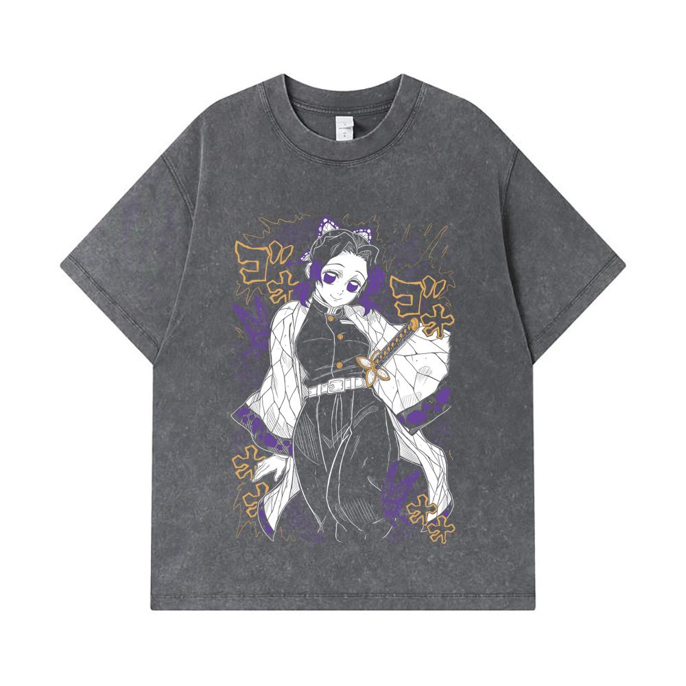 275 GSM Washed T-shirts 100% Cotton Demon Slayer V45 Shinobu Print Unisex Heavy Cotton T Shirt