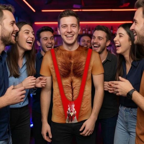 Chest Hair Toupee T-Shirt, Men Funny Muscle Shirt with False Chest Hair, Six Pack Ugly Muscle Tee, Loose Fit Shirt for Bachelor Party Carnivals