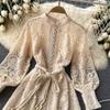 Lace Elegant Dress Women Spring Autumn New O-Neck Lantern Sleeve Hollow Out Short Dresses Korean Chic Fashion Robe