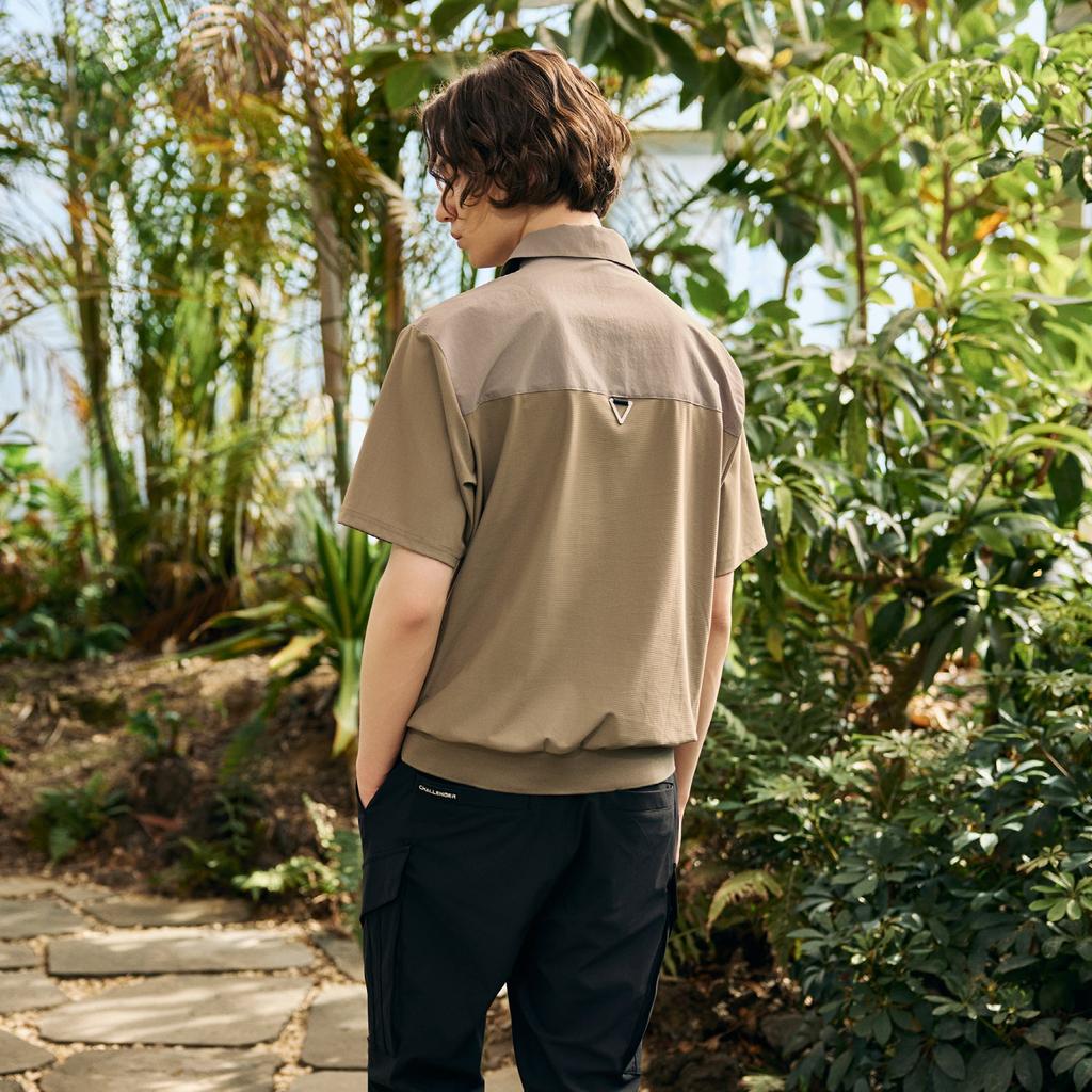 CHALLENGER Men'S Woven Detail Blouson Collared Short Sleeve T-Shirt Beige