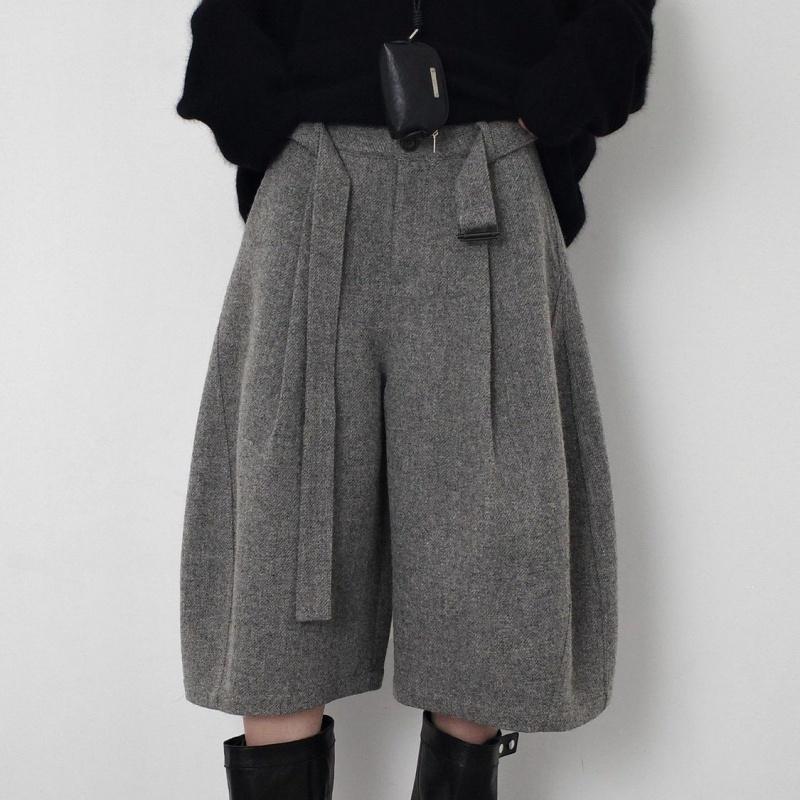Autumn Winter Fashion Woolen Cropped Pants Women High Waisted Pleated Wide Leg Pants Solid Color Office Lady Belt Trousers