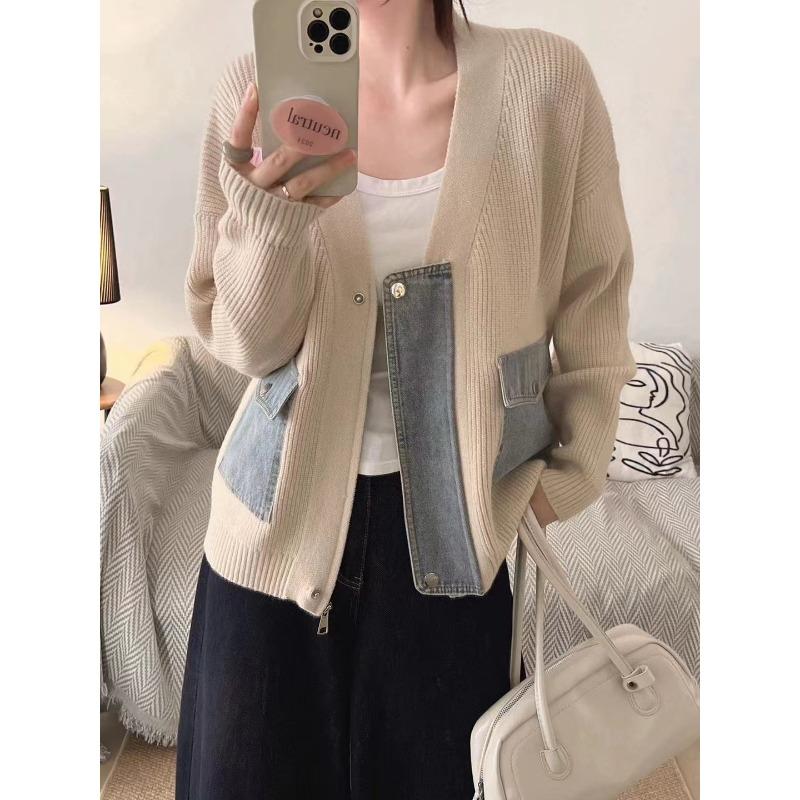 

Джинсовый дизайн с эффектом пэчворка, трикотажный кардиган на молнии, новый свободный свитер-куртка для женщин на осень и зиму one size fits all