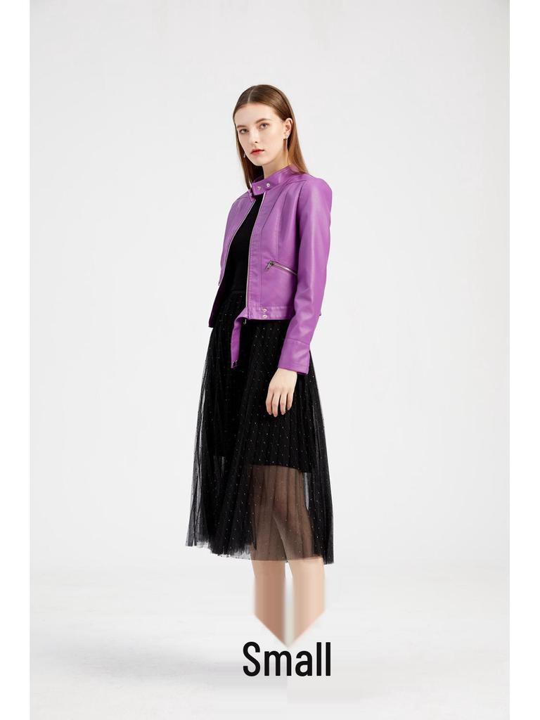 Damen Kurze Lederjacke - Frühling/Herbst Stehkragen