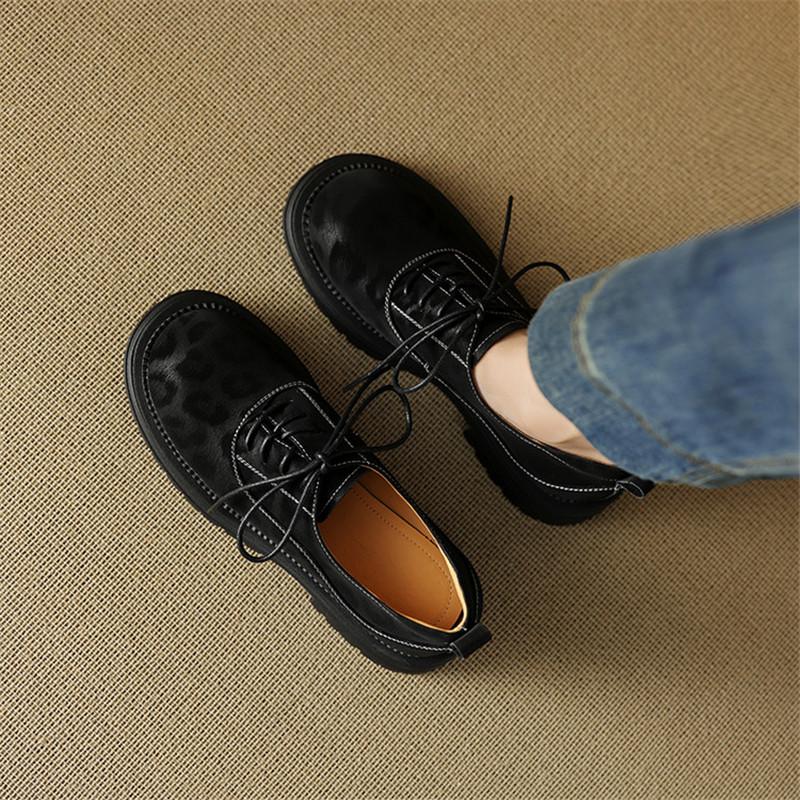 Fashion New Spring Genuine Leather Shoes for Women Fashion Leopard Print Round Toe Women Pumps Shoes Chunky Heels Loafers Platform Shoes