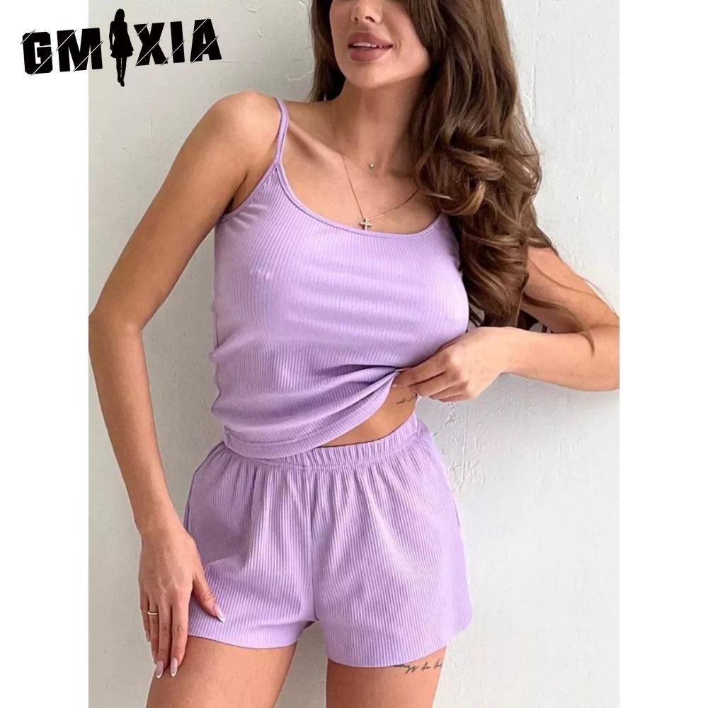 

GMXIA Пижама женская на бретелях шорты повседневный рубчик лапша домашний костюм из двух частей с непринужденным кроем XL светло-фиолетовый