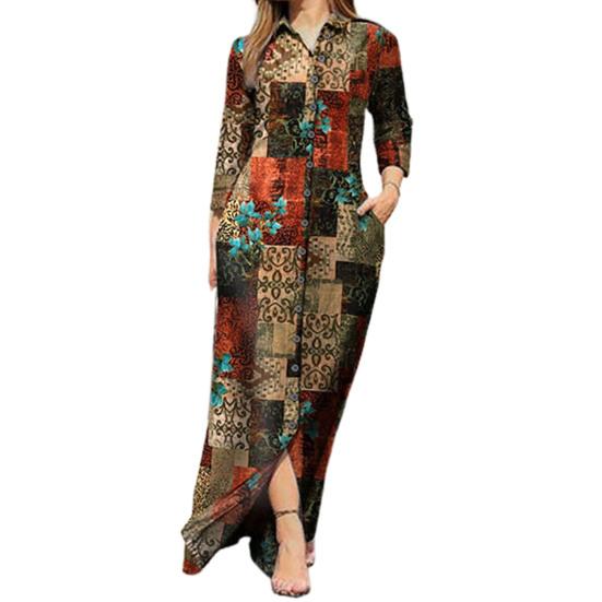 Maxikleid Umlegekragen Langarm Taschen Vintage Blumendruck Einreiher