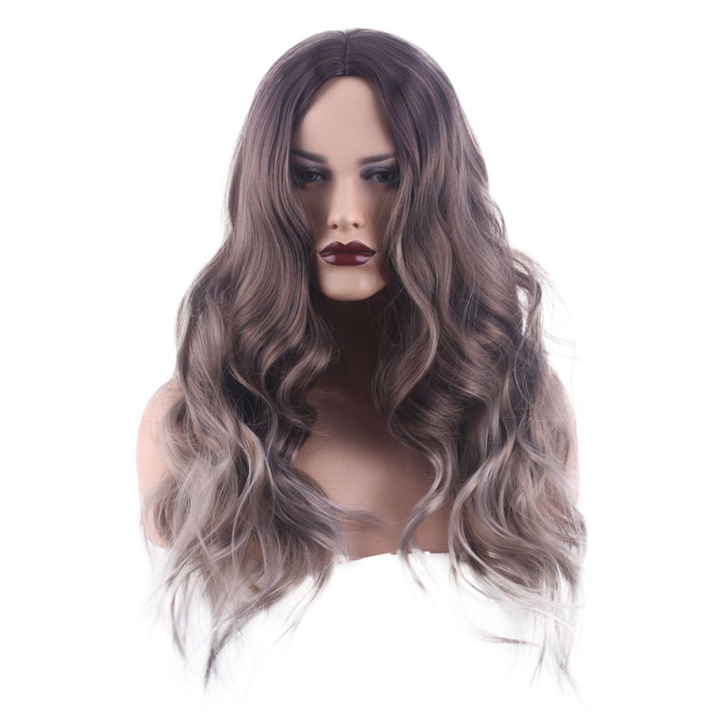 Synthetic Fiber Wigs Woman, Long Curly Hair, Parted with Bangs, Black and Gray Mixed Color Wigs