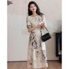Demana New Chinese Style Printed Puff Sleeve Midi Dress