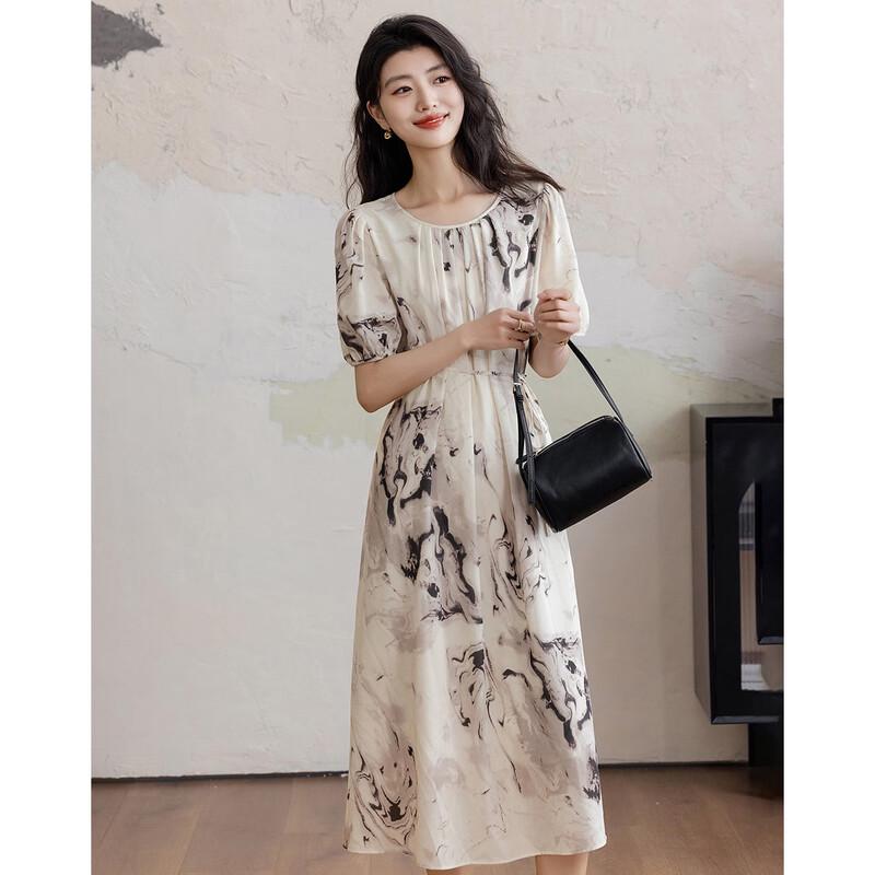 Demana New Chinese Style Printed Puff Sleeve Midi Dress