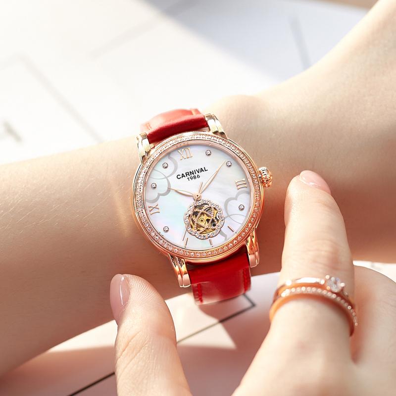 CARNIVAL Marke Mechanische Uhr Damen Luxus Automatikwerk Mode Armbanduhren Leuchtend Wasserdicht für Damen Montre Femme