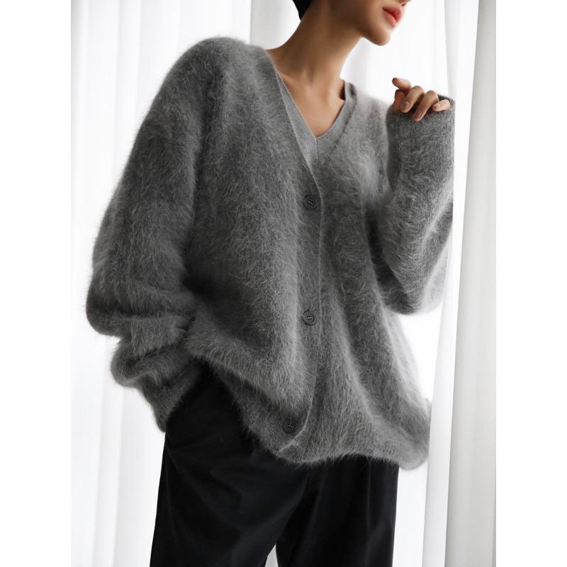 Imitation Mink Wool Knitted Sweater Cardigan Autumn and Winter Lazy Loose Long-sleeved V-neck Sweater Jacket Women