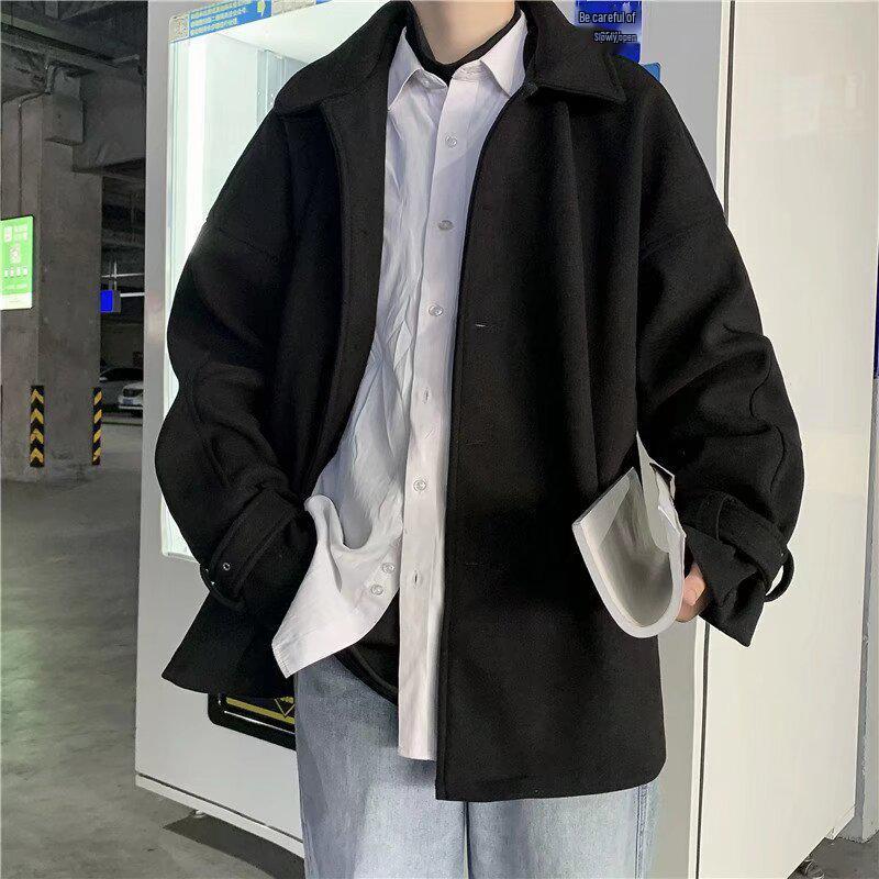 Men's Korean Style Woolen Coat - Single-breasted, Solid Color, Winter Casual Jacket for Couples