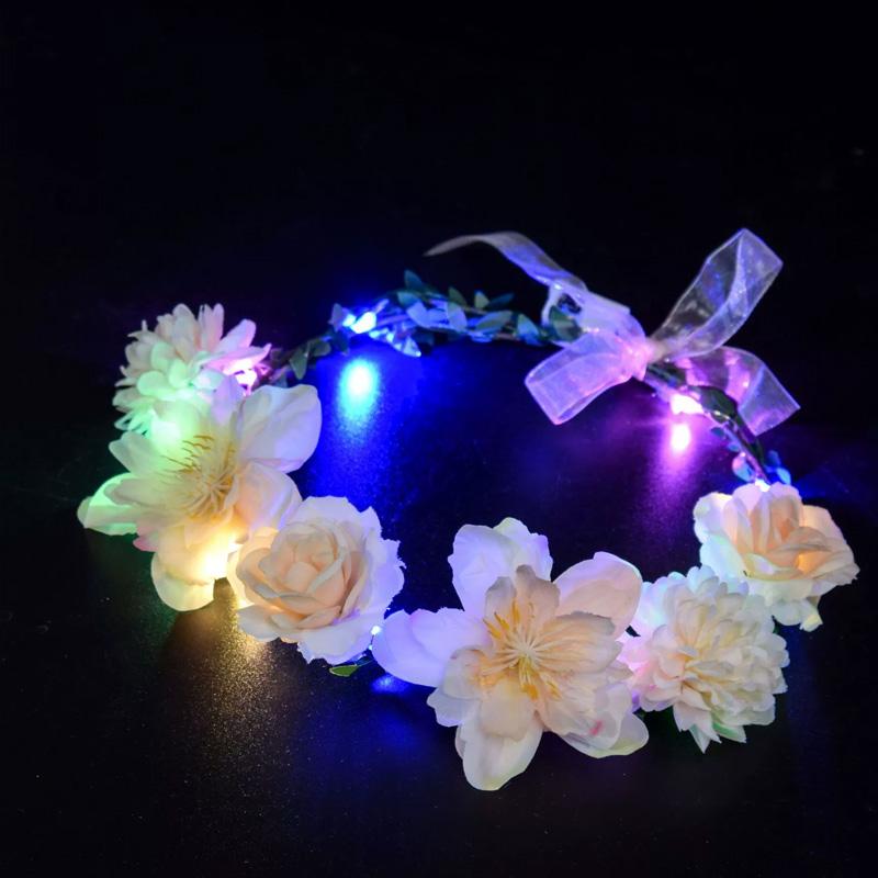 1PC Flower Headband Led Lights Hair Hoop Double-Sided Silk Floral Crown for Women Hair Headband Glowing Garland Light Up