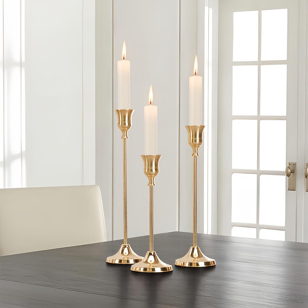 3pcs Vintage Candlestick Holders Brass Golden Candlestick Taper Candle Holders Decorative Fireplace Party Dining Room, Table (as the picture,6.3-8.6 inch)