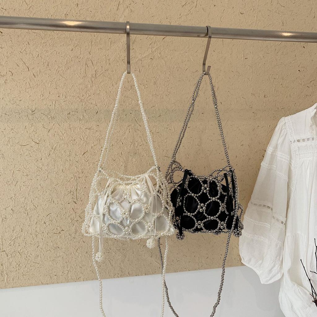 Fashionable Versatile Beaded Handbag with Hollow Interior for Mobile Phone, Light and Elegant Cross-body Bucket Bag