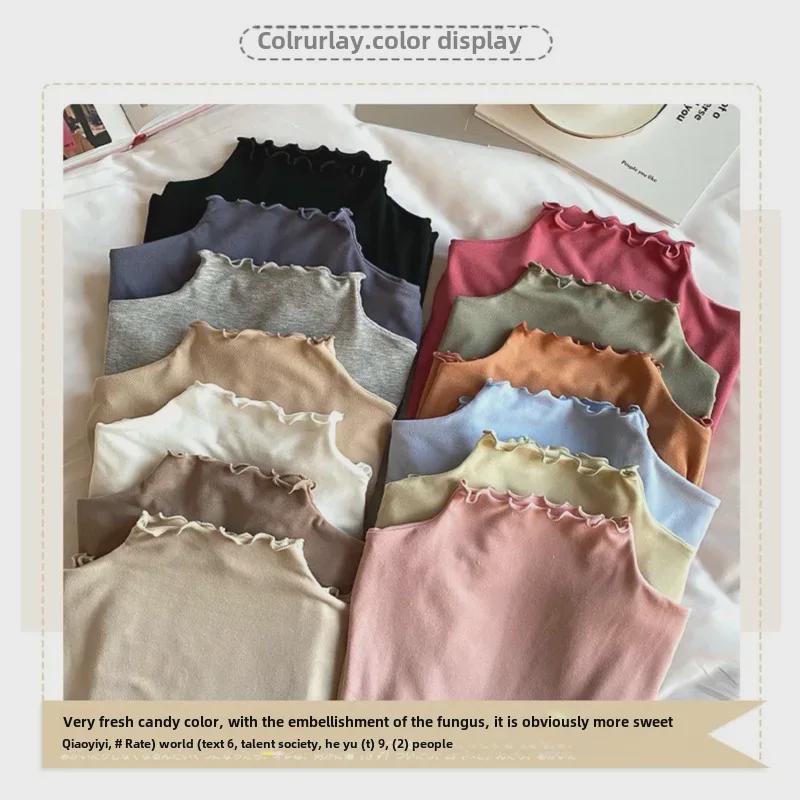 German Velvet Ladies' Half-High Collar Knit T-Shirt with Wood Ear Edge - Solid Color Long-Sleeve for Spring, Autumn, and Winter 2024.