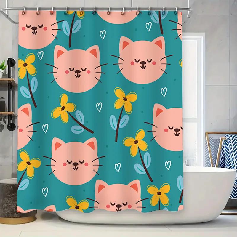

Cat Print Shower Curtain With Yellow Flowers Design For Bathroom Decor 3D Printed Waterproof Fabric Material Size:60X72 Inches W60H190(CM)-1 Pcs