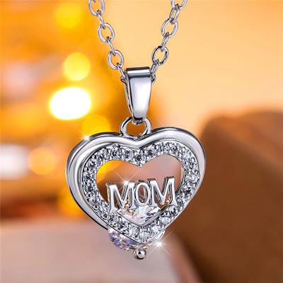 Crystal Luxury White Zircon Stone Heart Mom Letter Pendant Necklace Vintage Wedding Jewelry For Women Mother's Day Gift