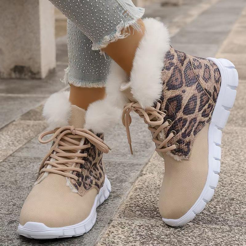 Winter Leopard Print Cotton Padded Shoes Women Anti Slip Lace Up Warm Fur Snow Boots Woman Plus Size 43 Fluffy Ankle Boots