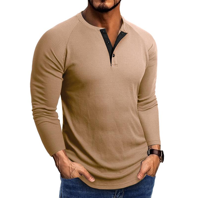 Men Casual Waffle Knit Henley Long Sleeve T Shirt