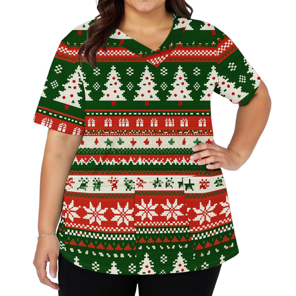 Women's V-Neck Short Sleeve Christmas Print Work Tunic Top with Pockets and Side Slits