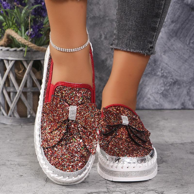 Large size rhinestone bow shallow mouth women's spring and autumn new one-pedal platform lazy shoes