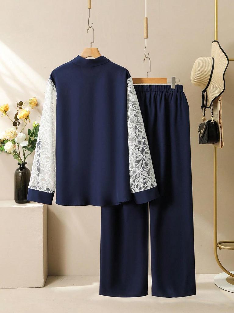 2025 Plus Size Lace Patchwork Two-Piece: Long Sleeve Shirt & Wide-Leg Pants Set